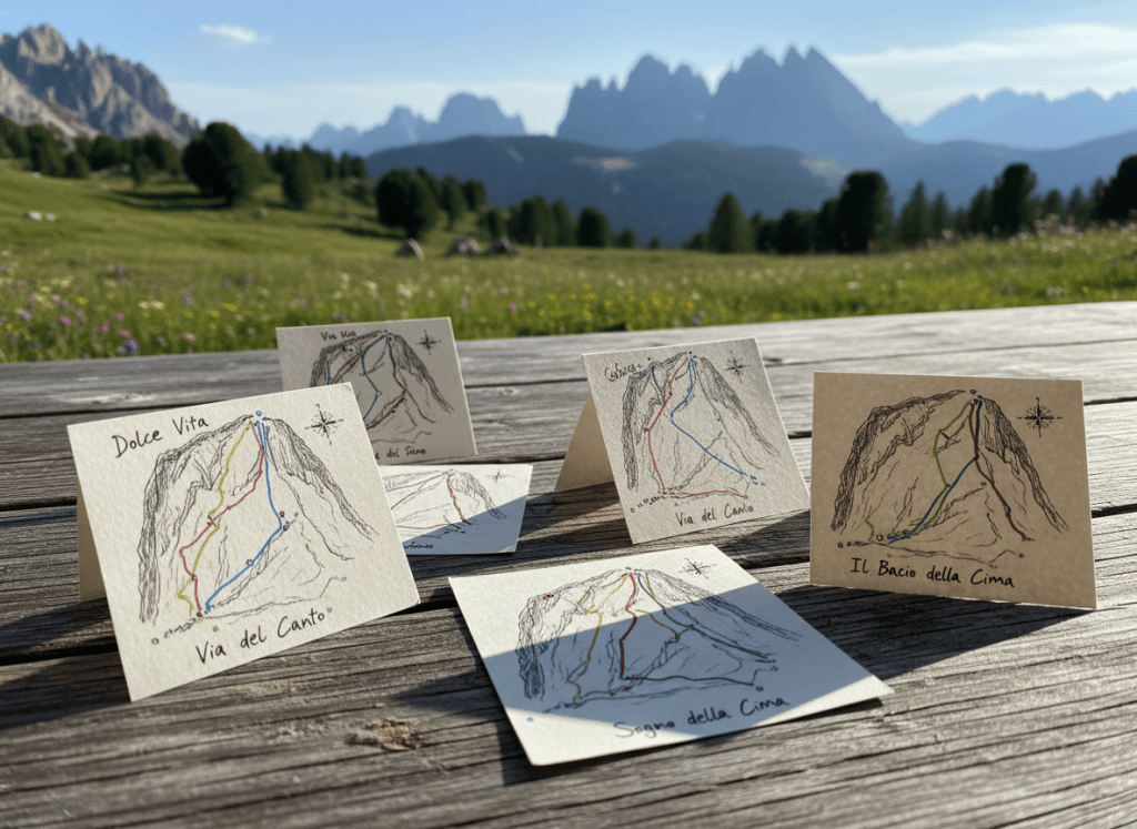 A set of small, illustrated-style climbing route topos printed on slightly textured paper, spread across a rustic wooden table on a mountain hut terrace. Each topo shows simple but precise line drawings of cliffs, with colored lines marking routes and playful route names handwritten in Italian. In the background, softly out of focus, alpine meadows and distant rocky spires stretch under a clear sky. Late morning sunlight illuminates the scene, casting delicate shadows from the papers and creating a warm, relaxed feel. Photographic realism with shallow depth of field centers attention on the topos, evoking a sense of planning a fun day of climbing with friends in the Altopiano.